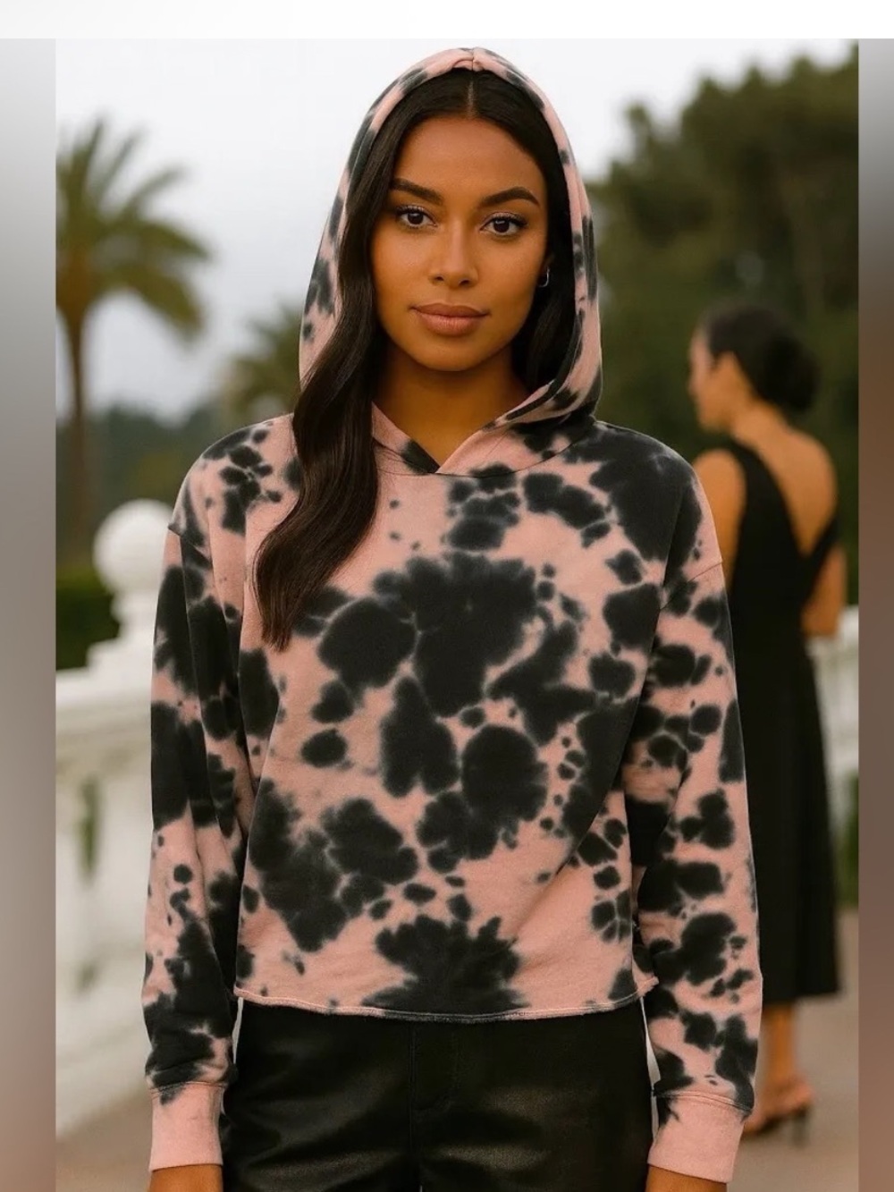 NWT 525 America Pink and Black Tie-Dye Hoodie cropped 100% cotton size small